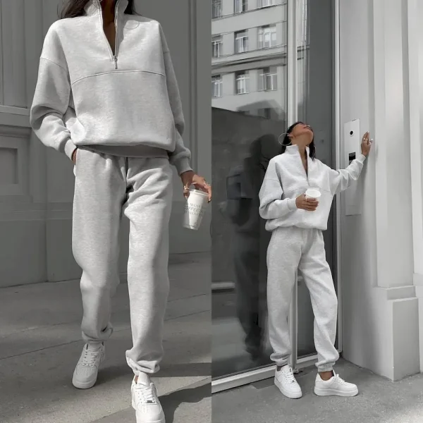 Long-Sleeved Half Zipper Stand Collar Sweatshirt Women Autumn And Winter Sports Pants Two-Piece Set - Image 6