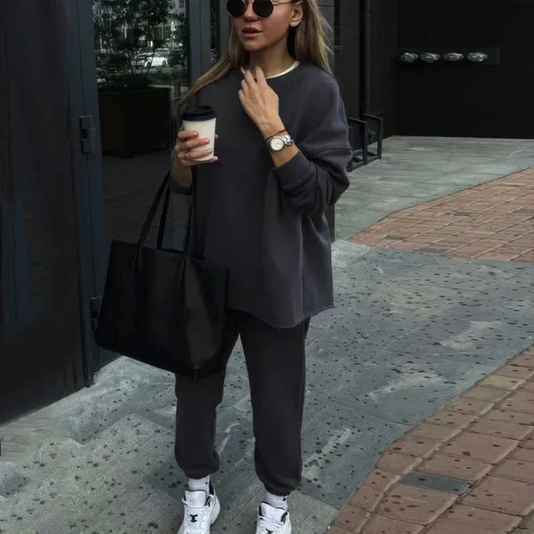 Casual Athleisure Women Fall Winter Sports Solid Color Long-Sleeved Top Fashionable Elastic Pants Two-Piece Set - Image 3
