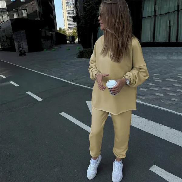 Casual Athleisure Women Fall Winter Sports Solid Color Long-Sleeved Top Fashionable Elastic Pants Two-Piece Set - Image 5