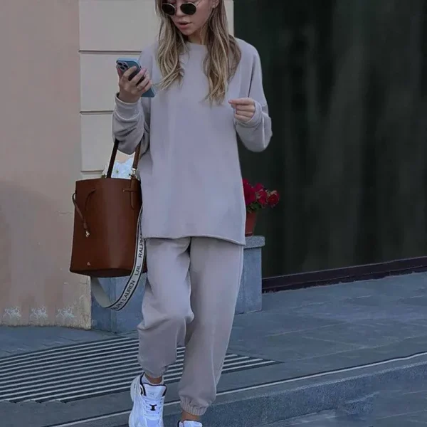 Casual Athleisure Women Fall Winter Sports Solid Color Long-Sleeved Top Fashionable Elastic Pants Two-Piece Set - Image 6