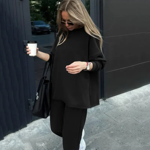 Casual Athleisure Women Fall Winter Sports Solid Color Long-Sleeved Top Fashionable Elastic Pants Two-Piece Set - Image 7