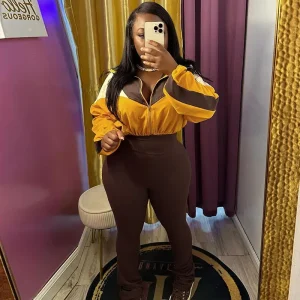Sports Casual Athleisure Winter Women Color Matching Crop Zipper Sweatshirt Pants Two-Piece Set