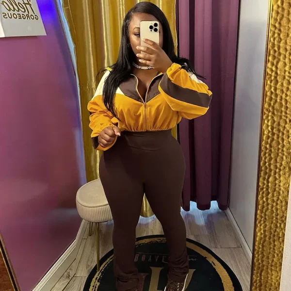 Sports Casual Athleisure Winter Women Color Matching Crop Zipper Sweatshirt Pants Two-Piece Set