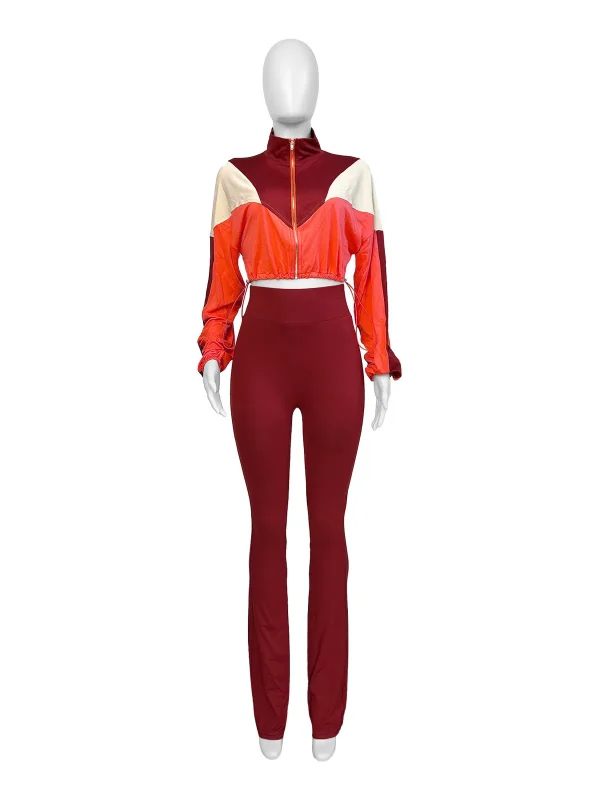 Sports Casual Athleisure Winter Women Color Matching Crop Zipper Sweatshirt Pants Two-Piece Set - Image 2