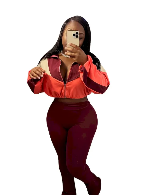 Sports Casual Athleisure Winter Women Color Matching Crop Zipper Sweatshirt Pants Two-Piece Set - Image 6