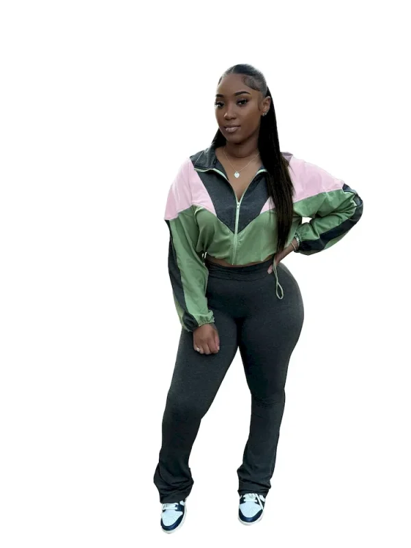 Sports Casual Athleisure Winter Women Color Matching Crop Zipper Sweatshirt Pants Two-Piece Set - Image 7