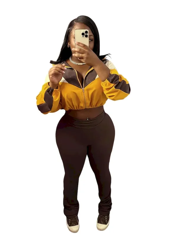 Sports Casual Athleisure Winter Women Color Matching Crop Zipper Sweatshirt Pants Two-Piece Set - Image 8
