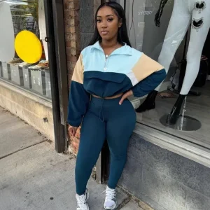 Autumn Winter Athleisure Contrast Color Zipper Sweatshirt Tight Pants Sports Two-Piece Set