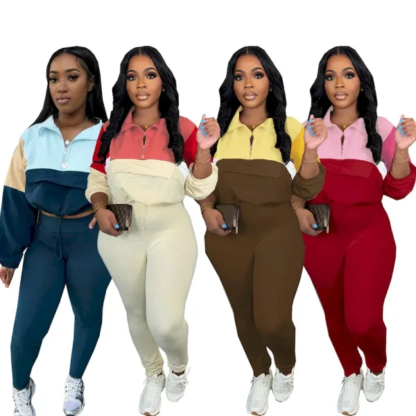 Autumn Winter Athleisure Contrast Color Zipper Sweatshirt Tight Pants Sports Two-Piece Set - Image 2