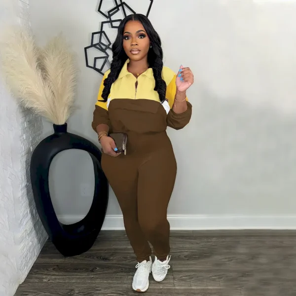 Autumn Winter Athleisure Contrast Color Zipper Sweatshirt Tight Pants Sports Two-Piece Set - Image 3
