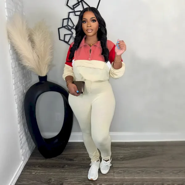 Autumn Winter Athleisure Contrast Color Zipper Sweatshirt Tight Pants Sports Two-Piece Set - Image 4
