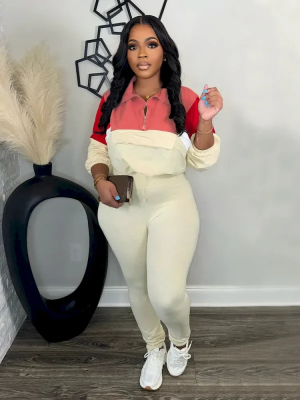 Autumn Winter Athleisure Contrast Color Zipper Sweatshirt Tight Pants Sports Two-Piece Set - Image 6