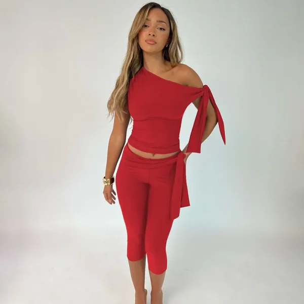 Women Summer Fashion Slant Collar Sleeveless Top Slim Fit Lace-Up Shorts Set - Image 4