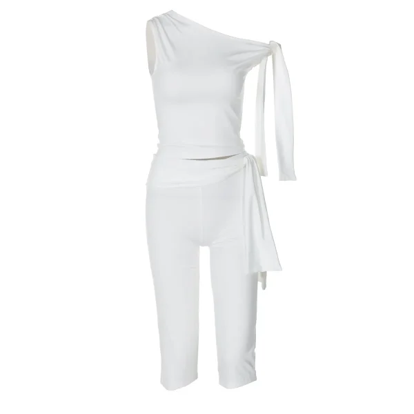 Women Summer Fashion Slant Collar Sleeveless Top Slim Fit Lace-Up Shorts Set - Image 5