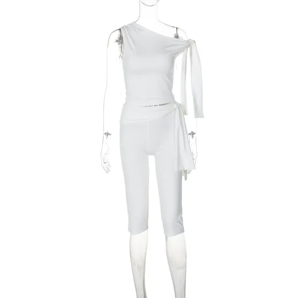 Women Summer Fashion Slant Collar Sleeveless Top Slim Fit Lace-Up Shorts Set - Image 6
