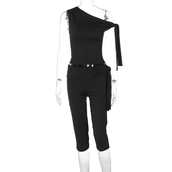 Women Summer Fashion Slant Collar Sleeveless Top Slim Fit Lace-Up Shorts Set - Image 7