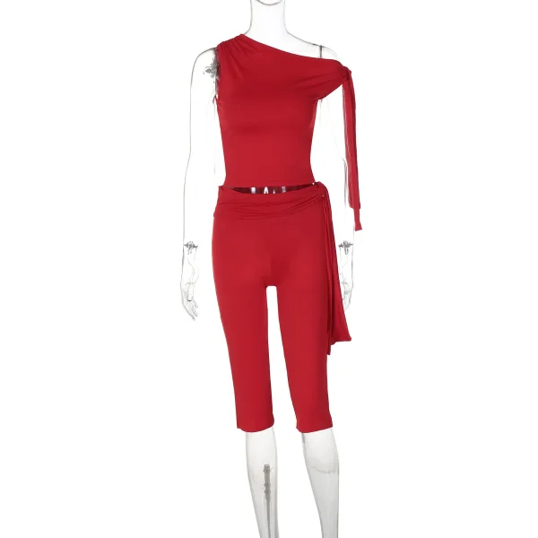 Women Summer Fashion Slant Collar Sleeveless Top Slim Fit Lace-Up Shorts Set - Image 8
