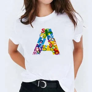 Summer Women 26 Alphabet Multicolor Letter Printed Short-Sleeved T-Shirt