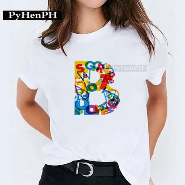 Summer Women 26 Alphabet Multicolor Letter Printed Short-Sleeved T-Shirt - Image 2