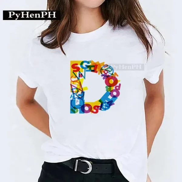 Summer Women 26 Alphabet Multicolor Letter Printed Short-Sleeved T-Shirt - Image 4