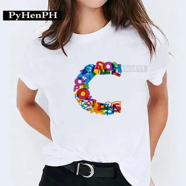Summer Women 26 Alphabet Multicolor Letter Printed Short-Sleeved T-Shirt - Image 8