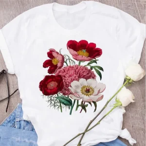 Women Plant Flower Print Cute Round Neck Simple Plus Size T-Shirt