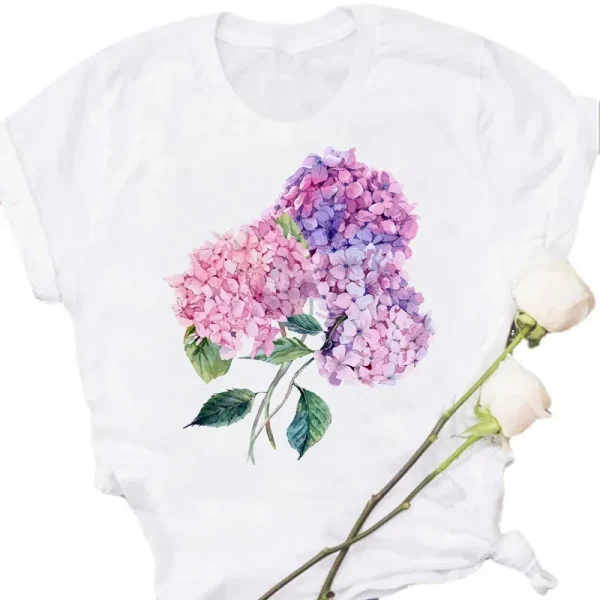 Women Plant Flower Print Cute Round Neck Simple Plus Size T-Shirt - Image 2