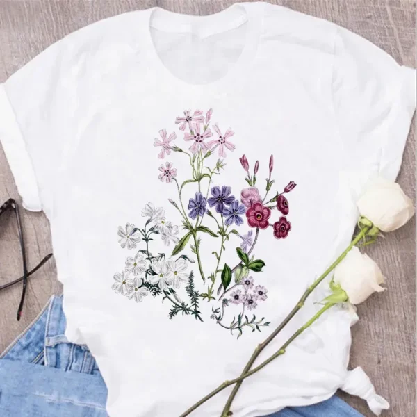 Women Plant Flower Print Cute Round Neck Simple Plus Size T-Shirt - Image 3
