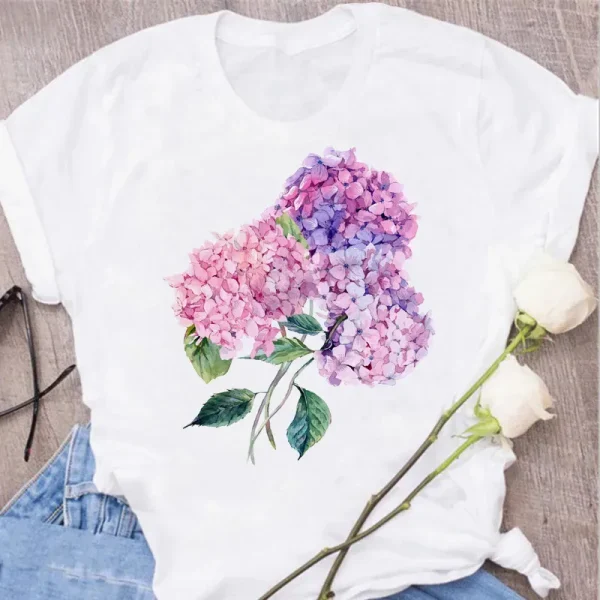 Women Plant Flower Print Cute Round Neck Simple Plus Size T-Shirt - Image 4