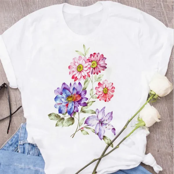 Women Plant Flower Print Cute Round Neck Simple Plus Size T-Shirt - Image 5