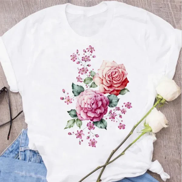 Women Plant Flower Print Cute Round Neck Simple Plus Size T-Shirt - Image 6