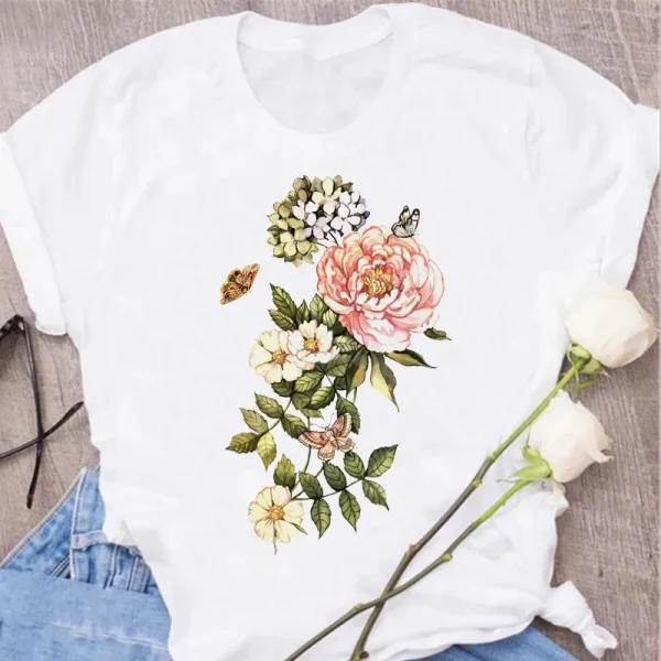 Women Plant Flower Print Cute Round Neck Simple Plus Size T-Shirt - Image 7