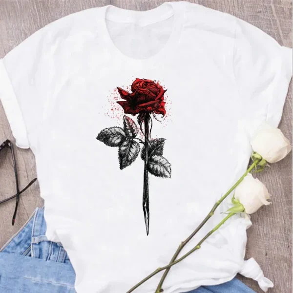 Women Plant Flower Print Cute Round Neck Simple Plus Size T-Shirt - Image 8