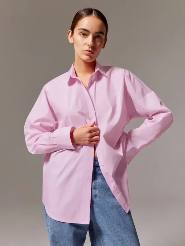 Office Chic Women Commuter Long-Sleeved Shirt Loose Cotton Mid-Length Blouse