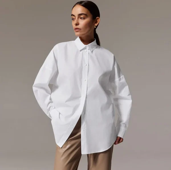Office Chic Women Commuter Long-Sleeved Shirt Loose Cotton Mid-Length Blouse - Image 3