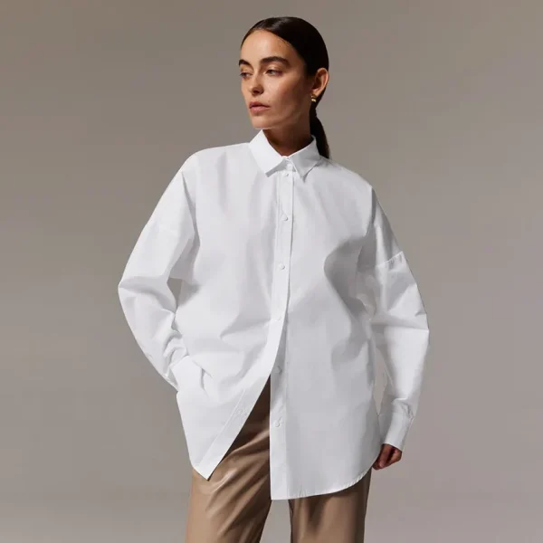 Office Chic Women Commuter Long-Sleeved Shirt Loose Cotton Mid-Length Blouse - Image 6