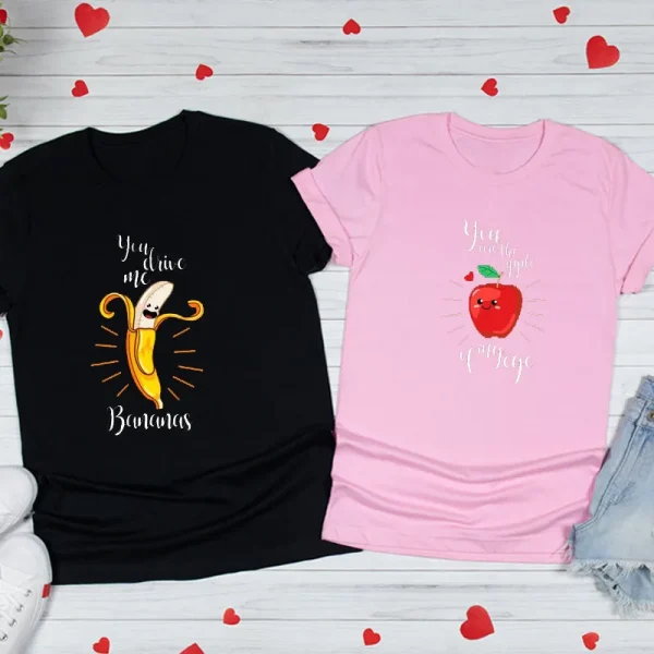 Valentine Day Cartoon Cute Funny Banana Apple Fruit Print Round Neck Short Sleeve Couple T-Shirt - Image 2