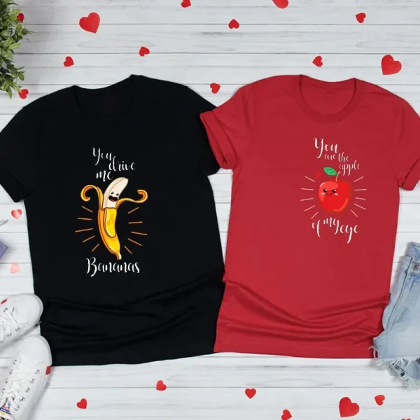 Valentine Day Cartoon Cute Funny Banana Apple Fruit Print Round Neck Short Sleeve Couple T-Shirt - Image 3