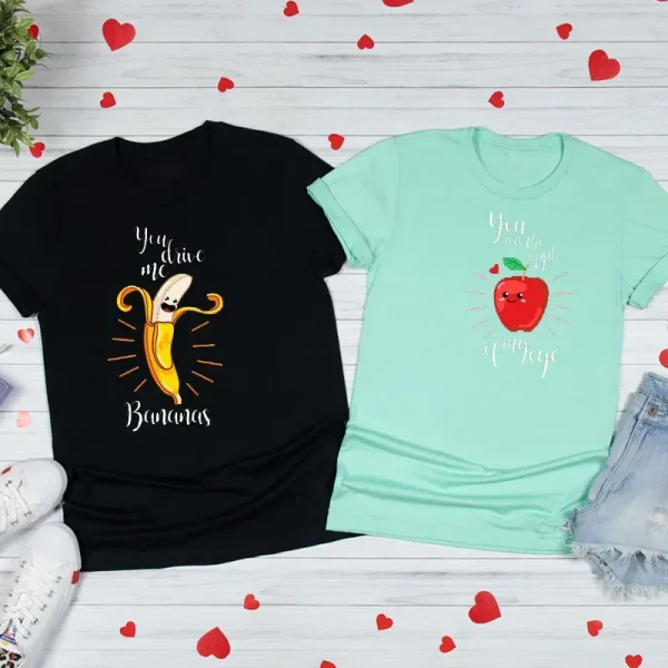 Valentine Day Cartoon Cute Funny Banana Apple Fruit Print Round Neck Short Sleeve Couple T-Shirt - Image 4
