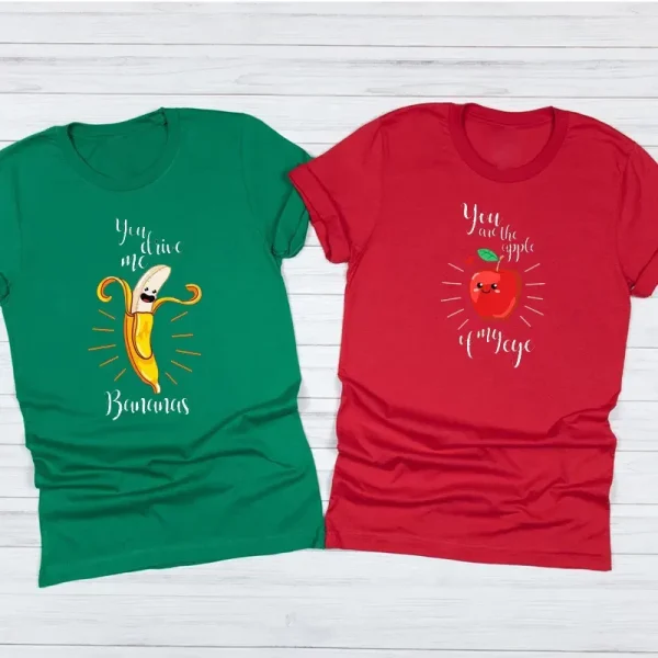 Valentine Day Cartoon Cute Funny Banana Apple Fruit Print Round Neck Short Sleeve Couple T-Shirt - Image 5