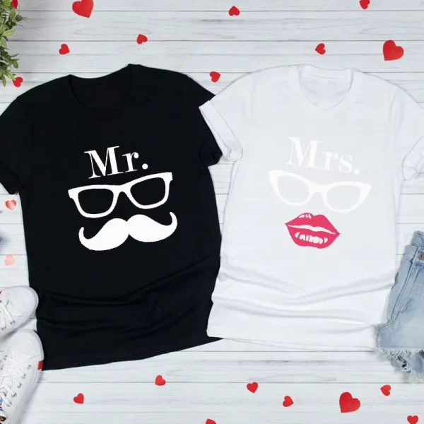 Valentine Day Cartoon Creative Glasses Bow Beard Printed Round Neck Short Sleeve Couple T-Shirt - Image 2