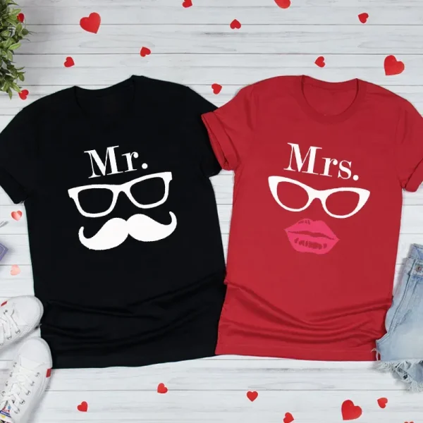 Valentine Day Cartoon Creative Glasses Bow Beard Printed Round Neck Short Sleeve Couple T-Shirt - Image 3