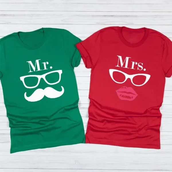Valentine Day Cartoon Creative Glasses Bow Beard Printed Round Neck Short Sleeve Couple T-Shirt - Image 4