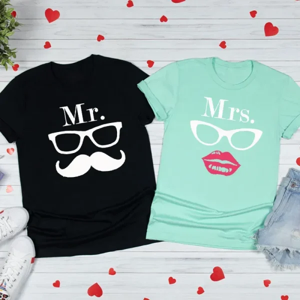 Valentine Day Cartoon Creative Glasses Bow Beard Printed Round Neck Short Sleeve Couple T-Shirt - Image 5
