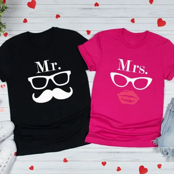 Valentine Day Cartoon Creative Glasses Bow Beard Printed Round Neck Short Sleeve Couple T-Shirt - Image 6
