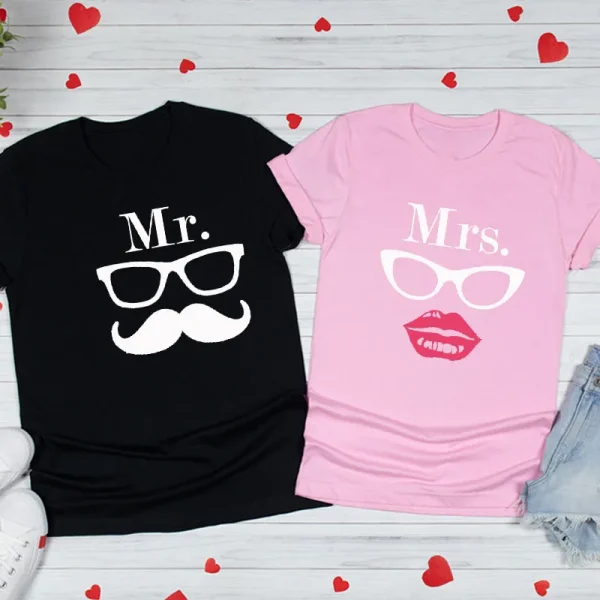 Valentine Day Cartoon Creative Glasses Bow Beard Printed Round Neck Short Sleeve Couple T-Shirt - Image 7