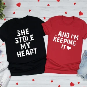 Valentine Day Simple Heart Letter Slogan Print Round Neck Short Sleeve Couple T-Shirt