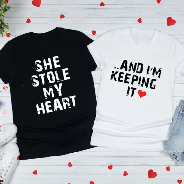 Valentine Day Simple Heart Letter Slogan Print Round Neck Short Sleeve Couple T-Shirt - Image 2