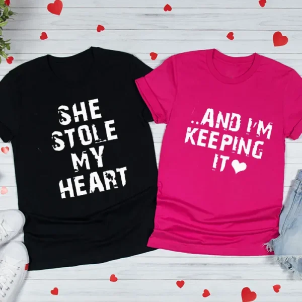 Valentine Day Simple Heart Letter Slogan Print Round Neck Short Sleeve Couple T-Shirt - Image 5