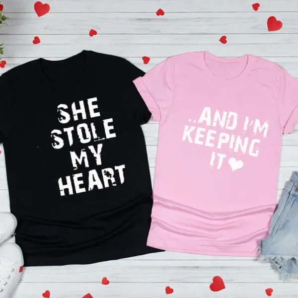 Valentine Day Simple Heart Letter Slogan Print Round Neck Short Sleeve Couple T-Shirt - Image 6
